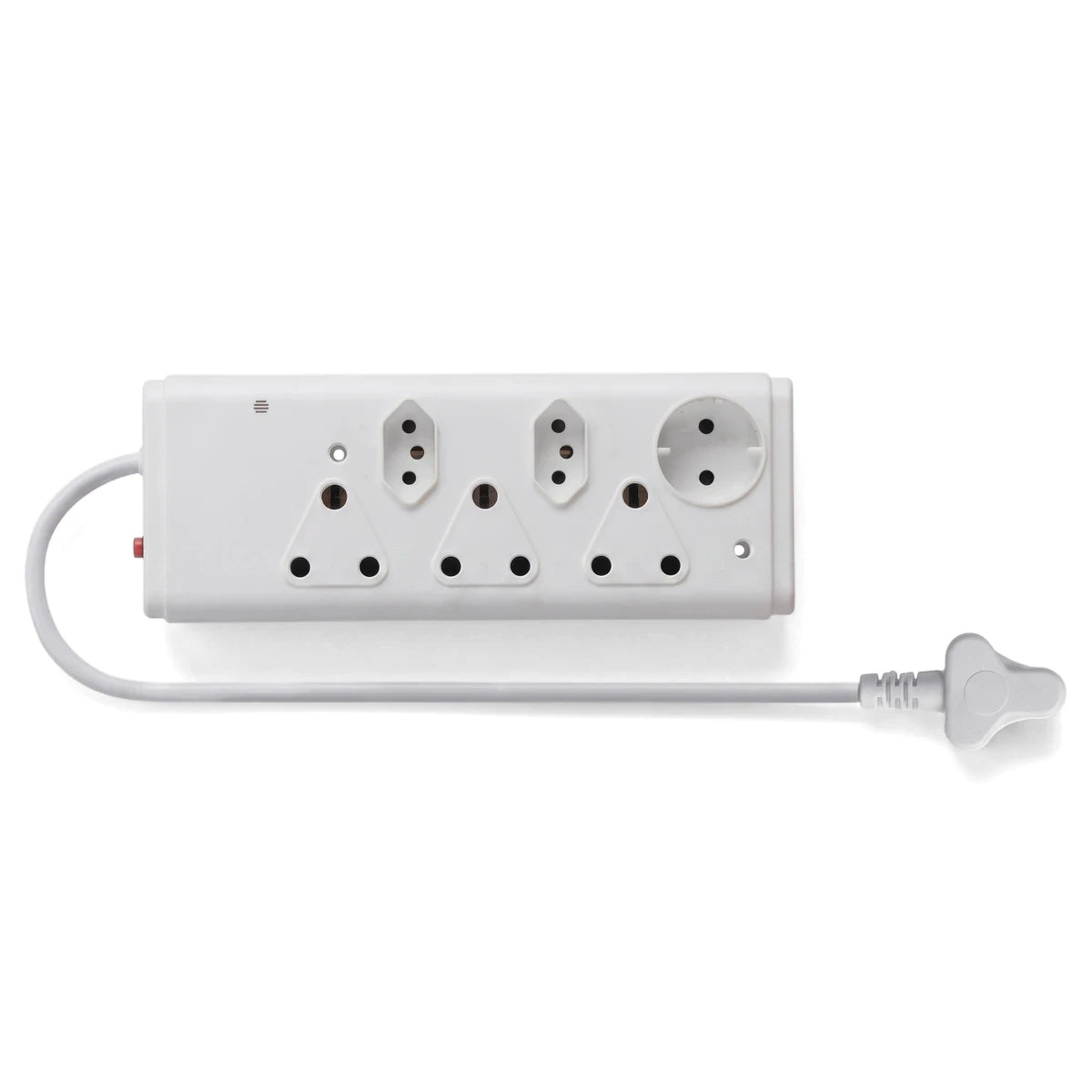 White 6-way multiplug with 3X16A, 2XEuro, and 1XSchuko switch sockets, featuring a long cord and plug.