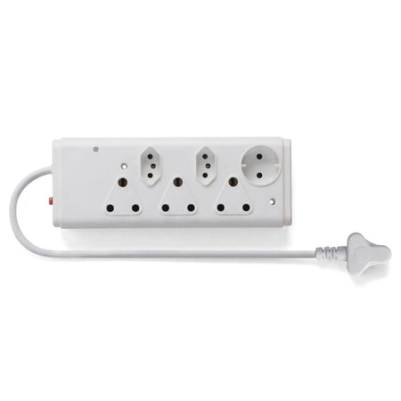 White 6-way multiplug with 3X16A, 2XEuro, and 1XSchuko switch sockets, featuring a long cord and plug.