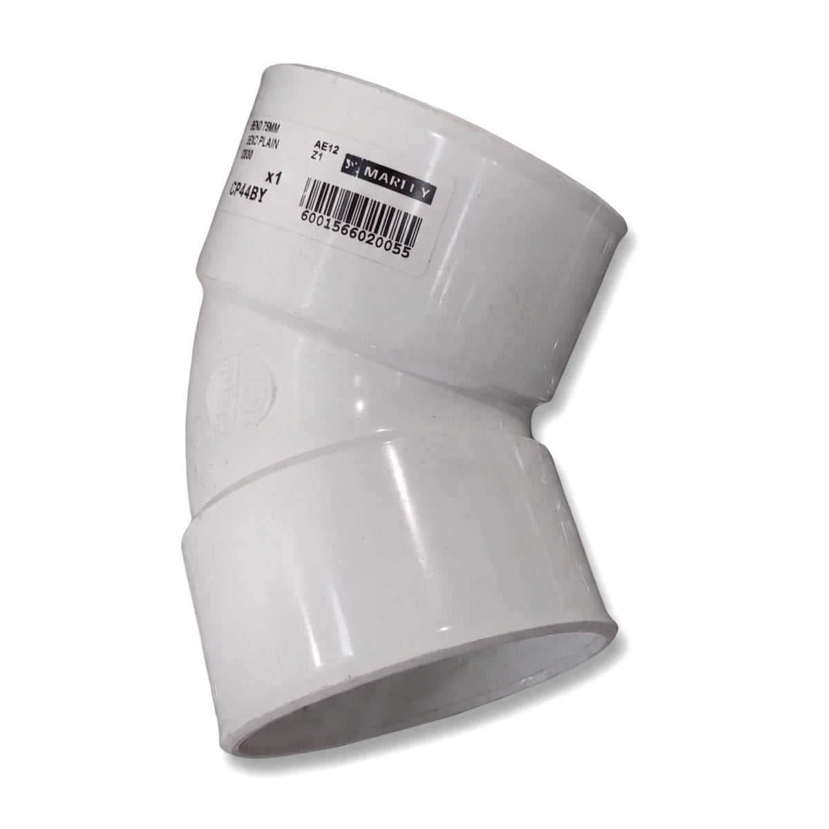 White 75mm PVC plain bend pipe fitting, angled 135 degrees, with a manufacturer's label and barcode.