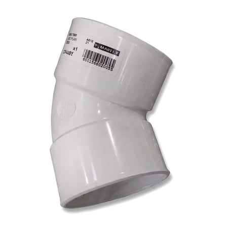 White 75mm PVC plain bend pipe fitting, angled 135 degrees, with a manufacturer's label and barcode.