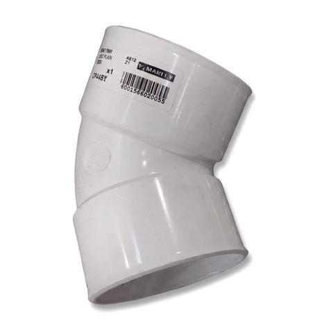 White 75mm PVC plain bend pipe fitting, angled 135 degrees, with a manufacturer's label and barcode.