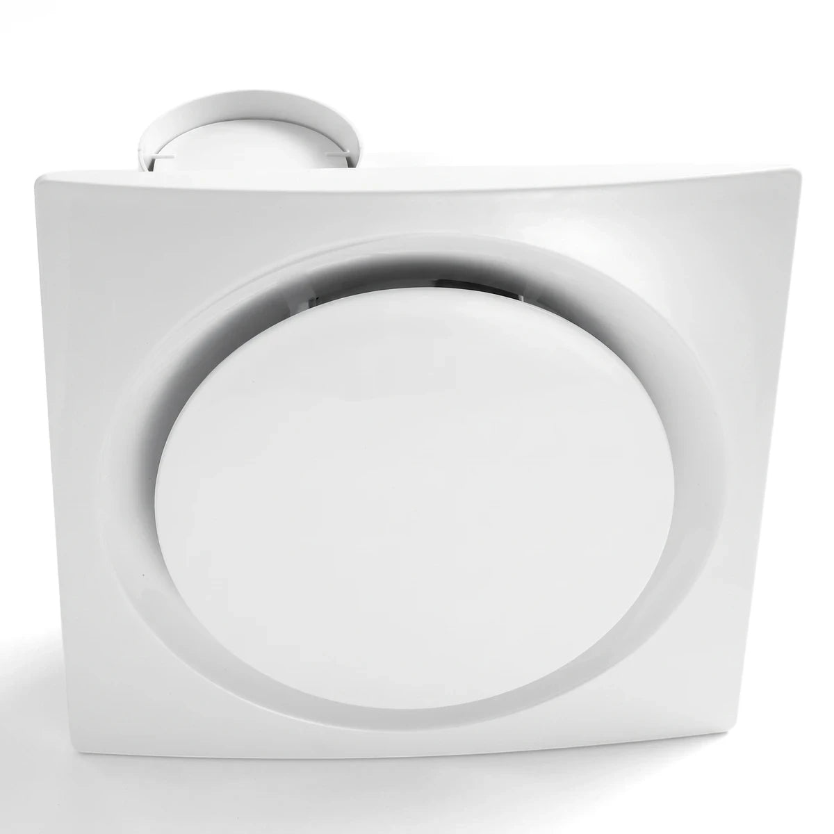 White 8-inch bathroom extractor fan with light, front view. The square plastic fan features a central circular vent and a