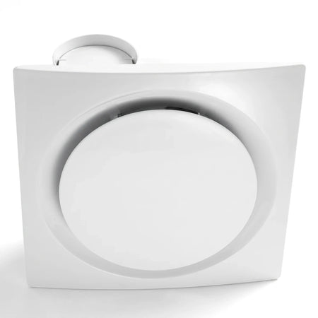 White 8-inch bathroom extractor fan with light, front view. The square plastic fan features a central circular vent and a