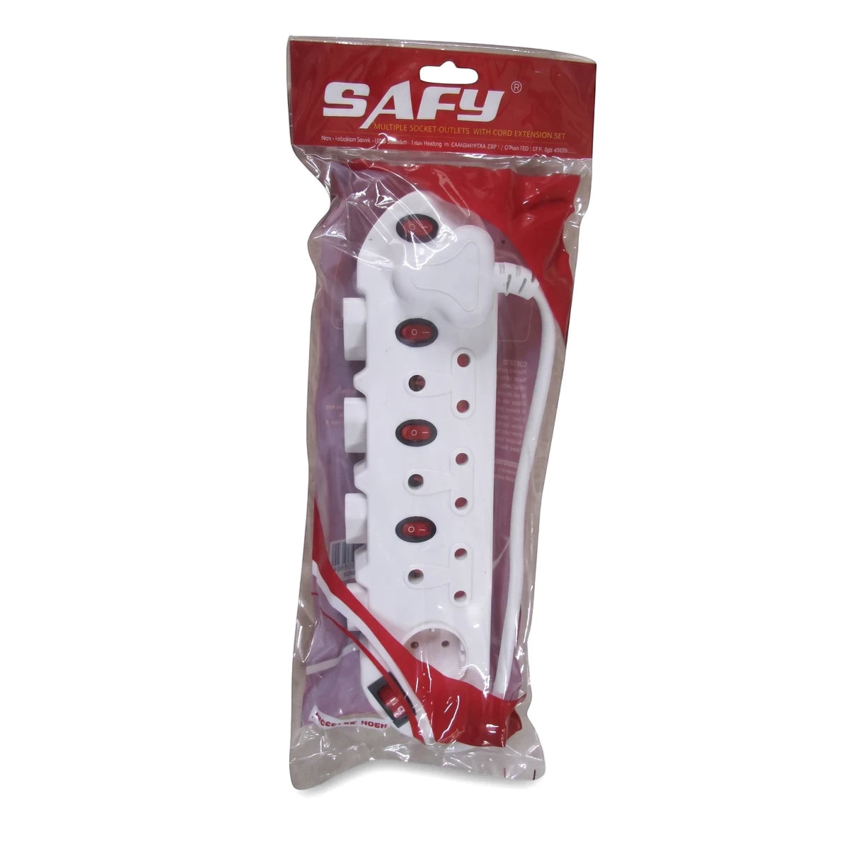 White 9 Way Multi-Plug power strip in clear plastic packaging with red power switches and a red branded header.