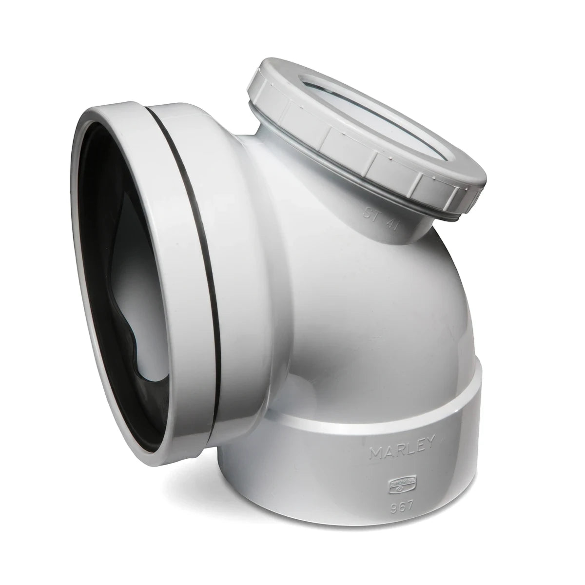 White 90-degree PVC toilet pan connector with an access heel, shown from an elevated angle on a white background.