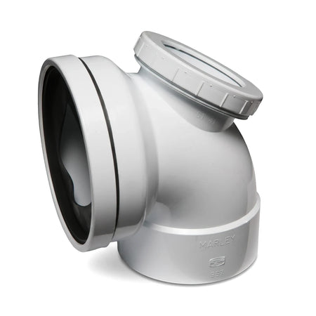 White 90-degree PVC toilet pan connector with an access heel, shown from an elevated angle on a white background.