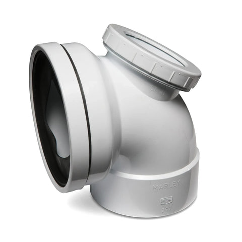 White 90-degree PVC toilet pan connector with an access heel, shown from an elevated angle on a white background.