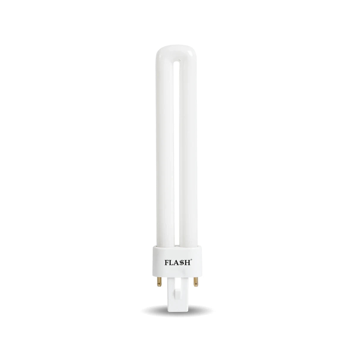White 9W G23-2Pin compact fluorescent lamp, U-shaped, with a two-pin base, viewed vertically.