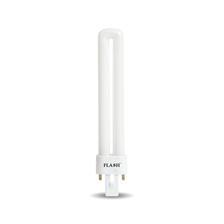 White 9W G23-2Pin compact fluorescent lamp, U-shaped, with a two-pin base, viewed vertically.