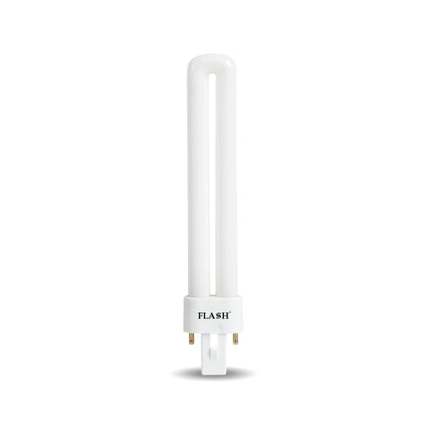 White 9W G23-2Pin compact fluorescent lamp, U-shaped, with a two-pin base, viewed vertically.