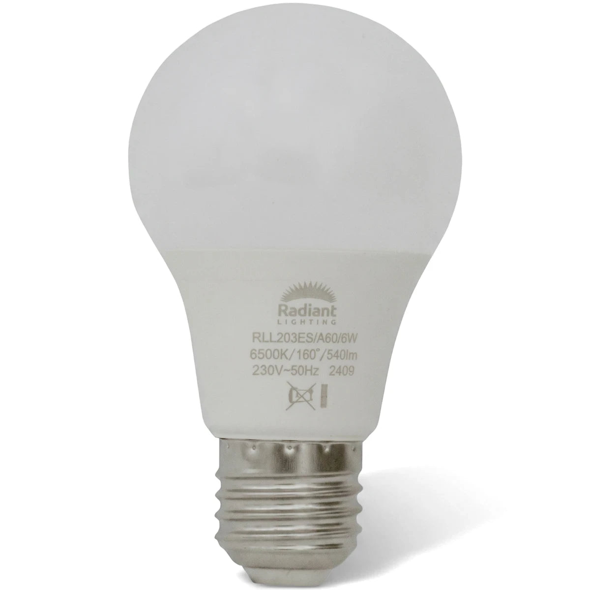 White A60 General Service LED Bulb (6W, E27 Base) for home and commercial lighting, shown vertically.