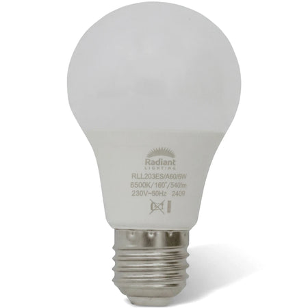 White A60 General Service LED Bulb (6W, E27 Base) for home and commercial lighting, shown vertically.