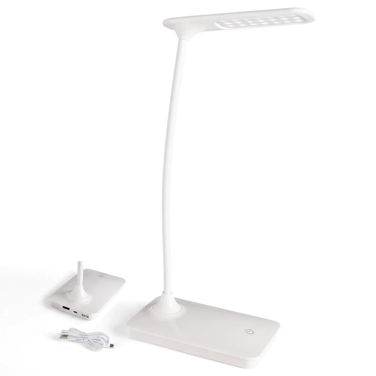 White Abs & Metal LED desk lamp with a flexible arm and USB charging port, shown with a detached small lamp and USB cable.