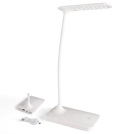 White Abs & Metal LED desk lamp with a flexible arm and USB charging port, shown with a detached small lamp and USB cable.