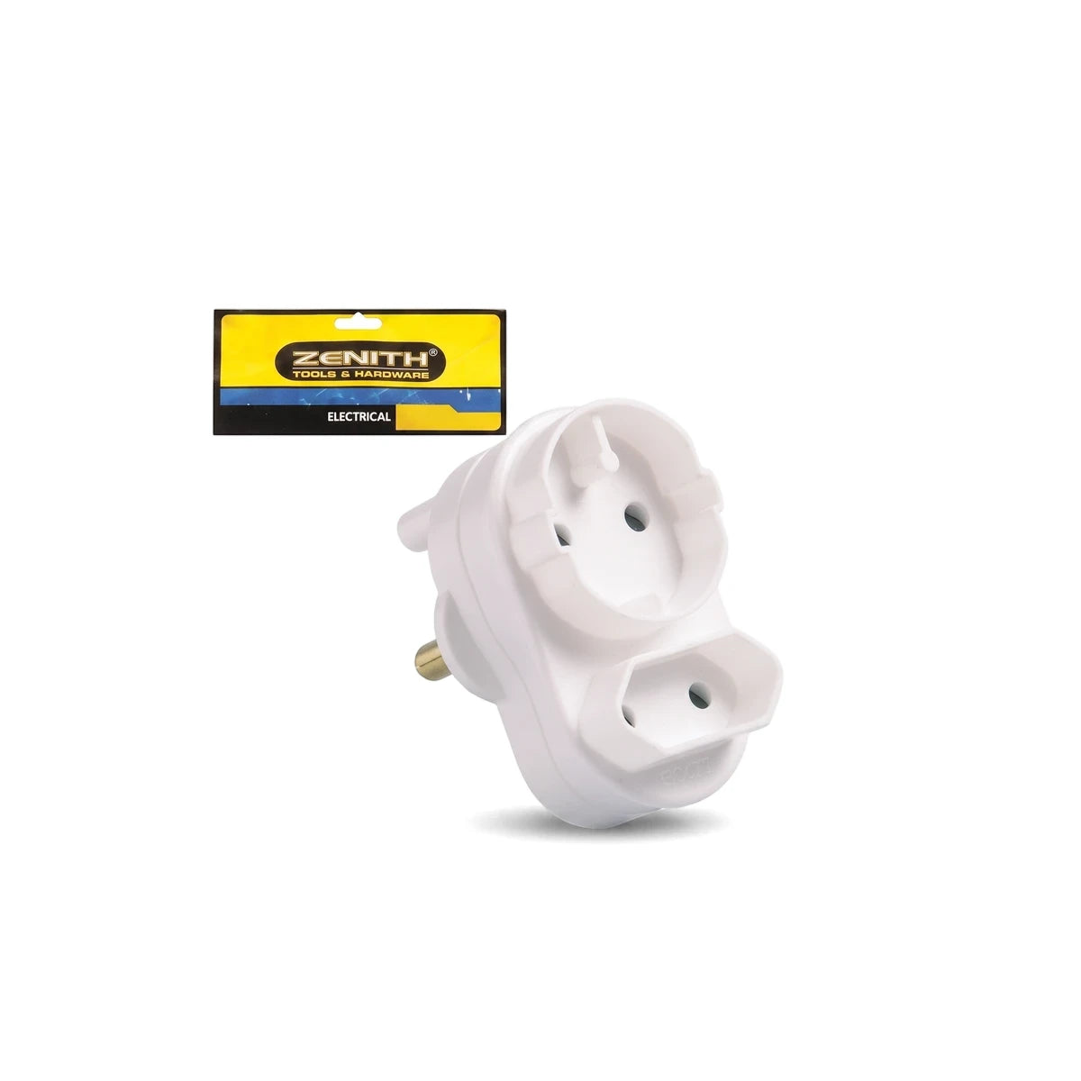 White Adaptor Twin Euro Iec Adapter for electrical use, shown with its Zenith Tools & Hardware packaging.
