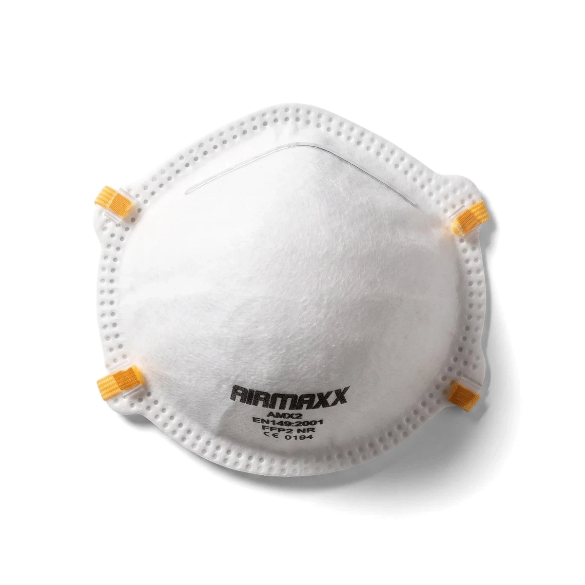 White Airmax Amx2 disposable Ffp2 dust mask shown from a front view, featuring text and yellow elastic attachments.