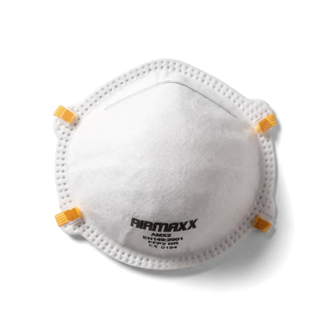 White Airmax Amx2 disposable Ffp2 dust mask shown from a front view, featuring text and yellow elastic attachments.