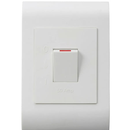 White Apollo 100 X50 50A Contempo isolator switch, a single-gang electrical component for high-amperage circuits.