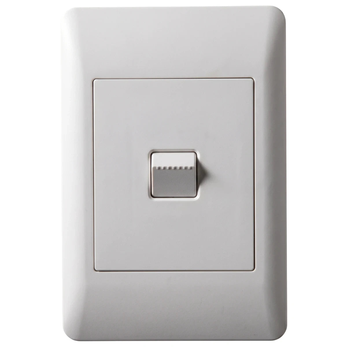 White Apollo 100x50mm single light switch with a grey rectangular button on a smooth faceplate, front view.