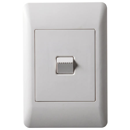 White Apollo 100x50mm single light switch with a grey rectangular button on a smooth faceplate, front view.