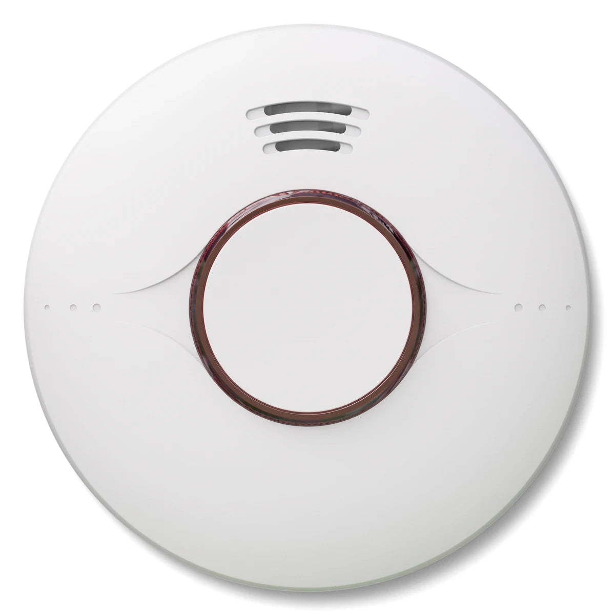 A white circular 10 Year Battery Life Smoke Alarm with a central test button and top vents, shown against a plain white