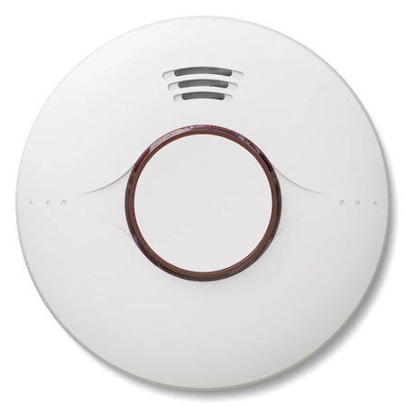 A white circular 10 Year Battery Life Smoke Alarm with a central test button and top vents, shown against a plain white