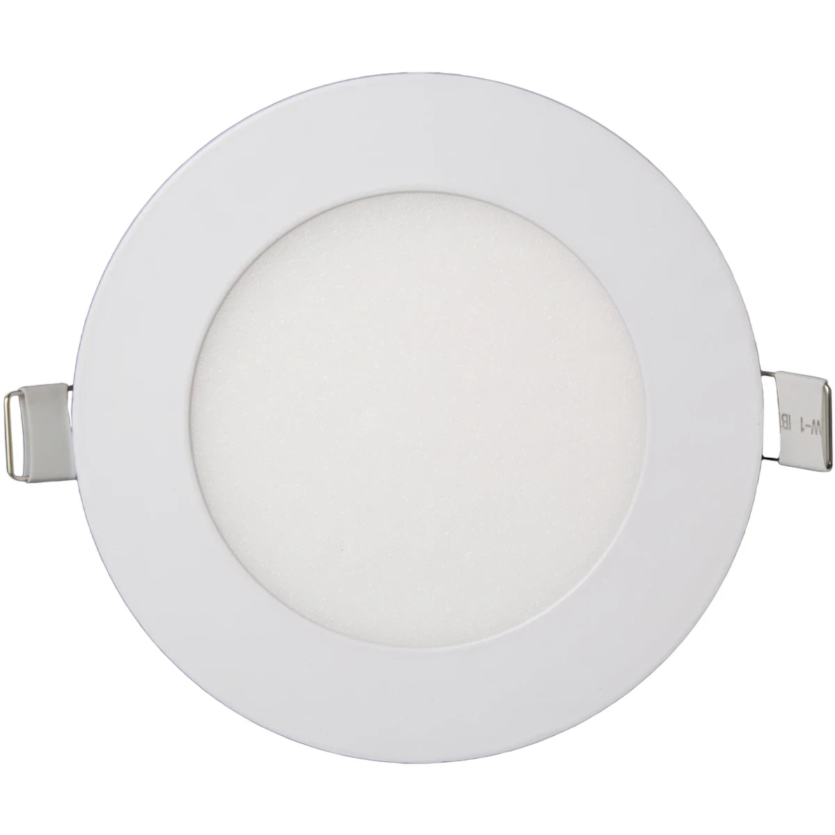 White circular 12w LED recessed panel light with a diffuse face and two mounting clips, viewed from the front.