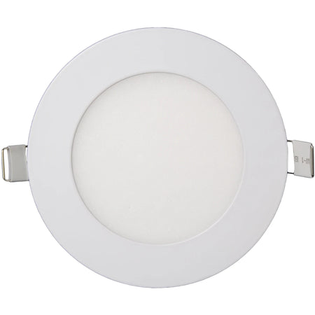 White circular 12w LED recessed panel light with a diffuse face and two mounting clips, viewed from the front.