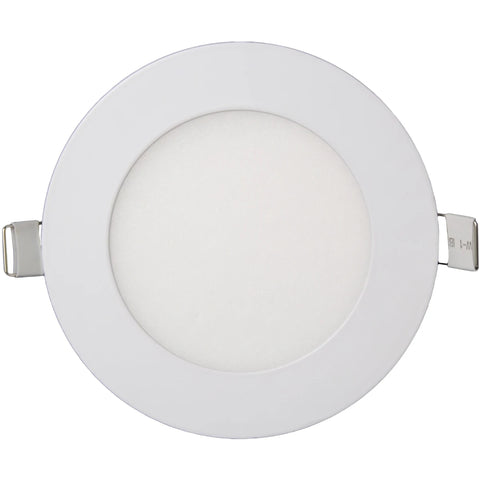 White circular 12w LED recessed panel light with a diffuse face and two mounting clips, viewed from the front.