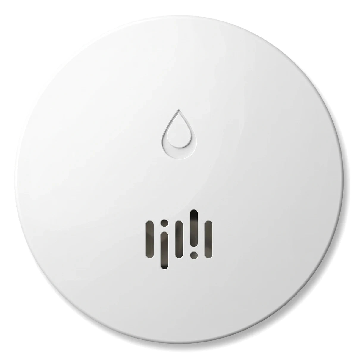 White circular 5 Year Battery Life Carbon Monoxide Alarm with a droplet icon and speaker grilles, front view.