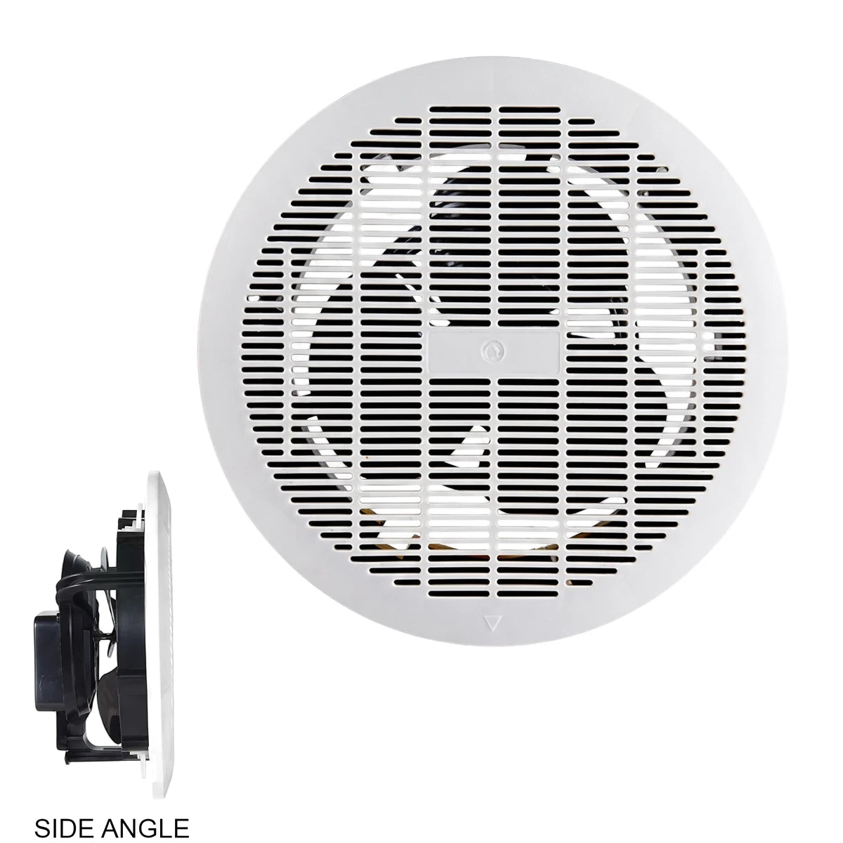 White circular 8-inch (200mm) ABS plastic bathroom extractor fan shown from front and side angles, with a grated cover.