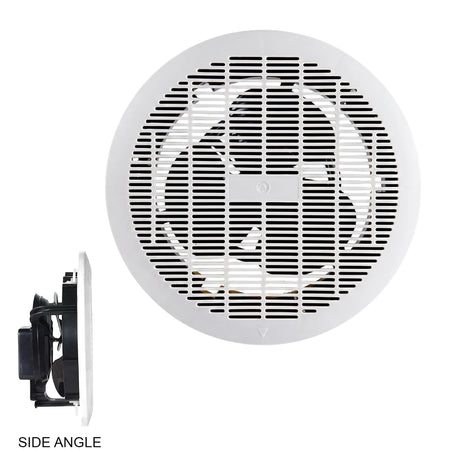 White circular 8-inch (200mm) ABS plastic bathroom extractor fan shown from front and side angles, with a grated cover.