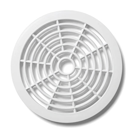 White circular pool bottom drain grid cover with a distinctive concentric and radial grid pattern, viewed from directly