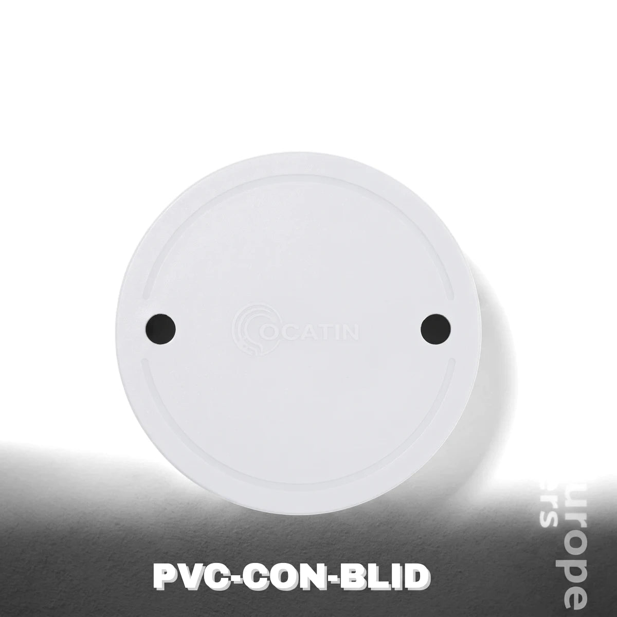 White circular PVC conduit box lid, used for electrical installations, featuring two screw holes for secure mounting.