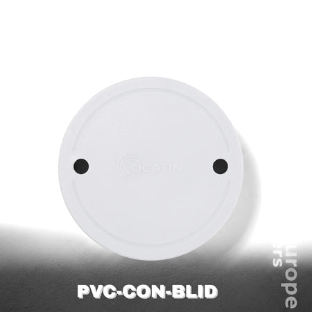 White circular PVC conduit box lid, used for electrical installations, featuring two screw holes for secure mounting.