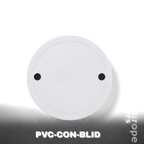 White circular PVC conduit box lid, used for electrical installations, featuring two screw holes for secure mounting.