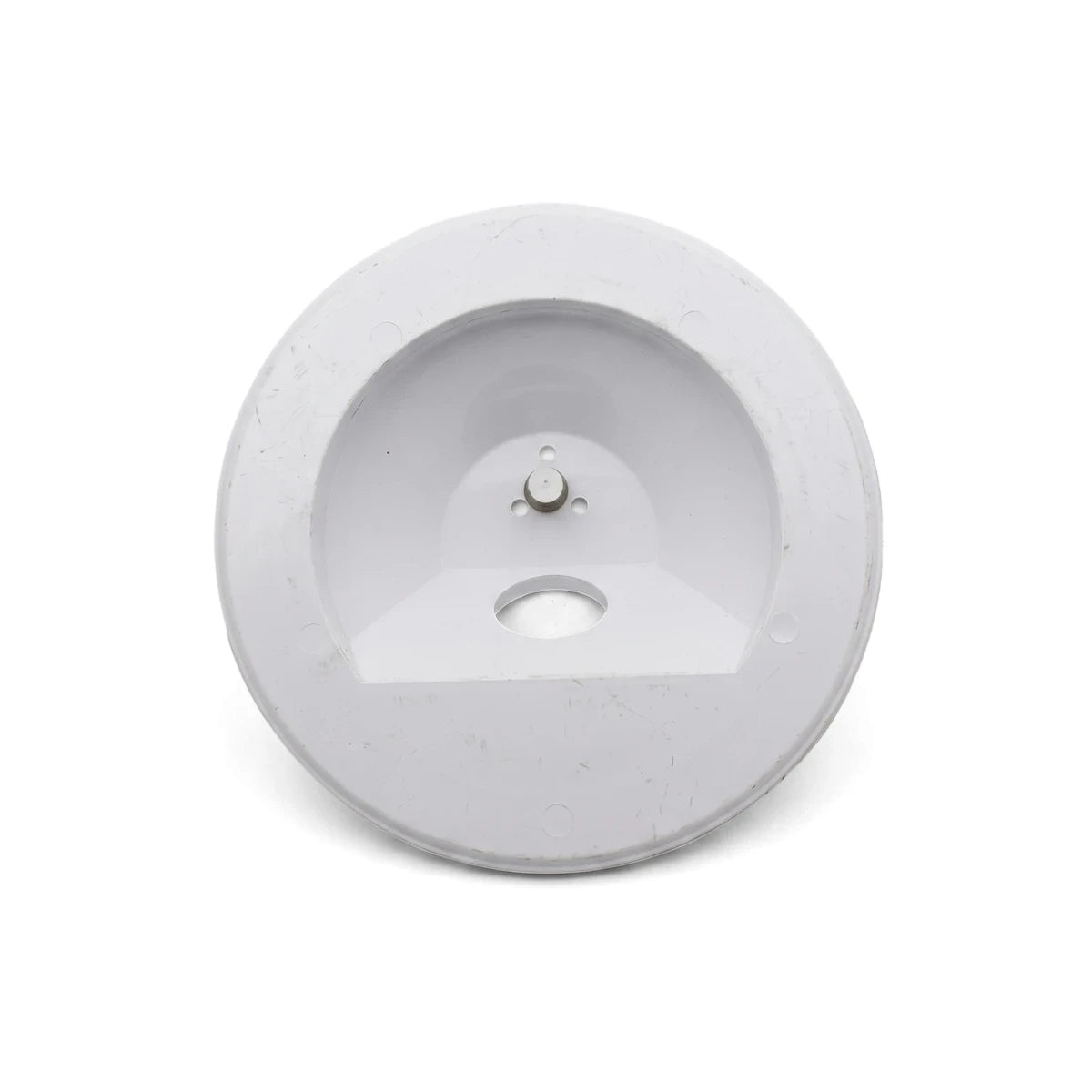 White circular replacement weir vacuum lid made of plastic, designed to fit Poolquip systems, shown from a top-down view.