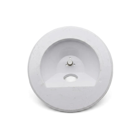 White circular replacement weir vacuum lid made of plastic, designed to fit Poolquip systems, shown from a top-down view.