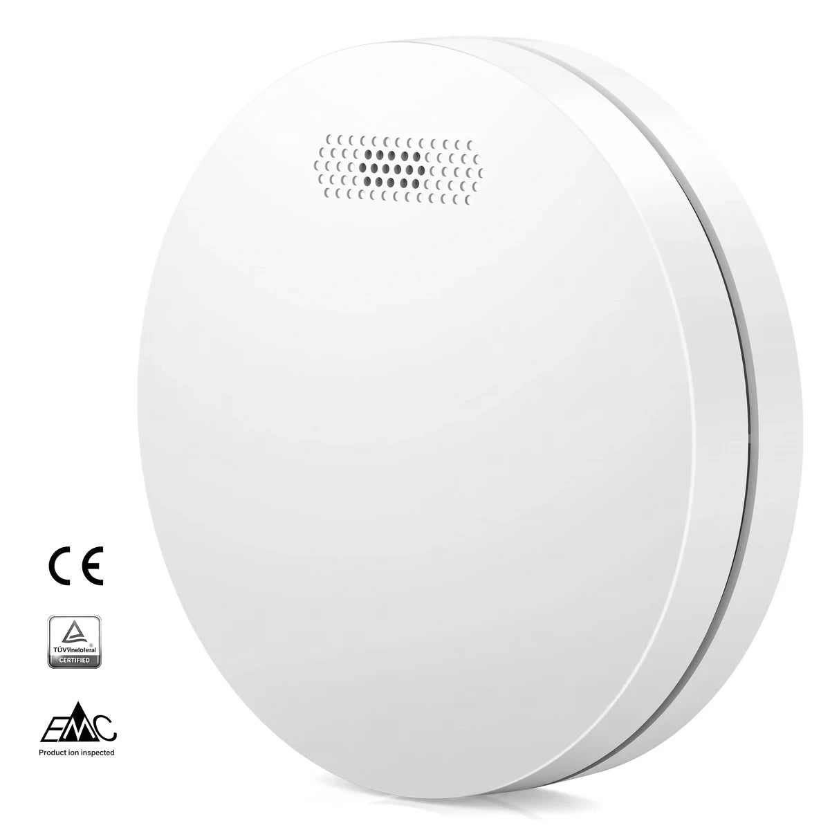 White circular Wifi 10 Year Battery Life Smoke Alarm with a speaker grille, shown from an oblique angle.