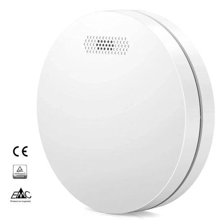 White circular Wifi 10 Year Battery Life Smoke Alarm with a speaker grille, shown from an oblique angle.
