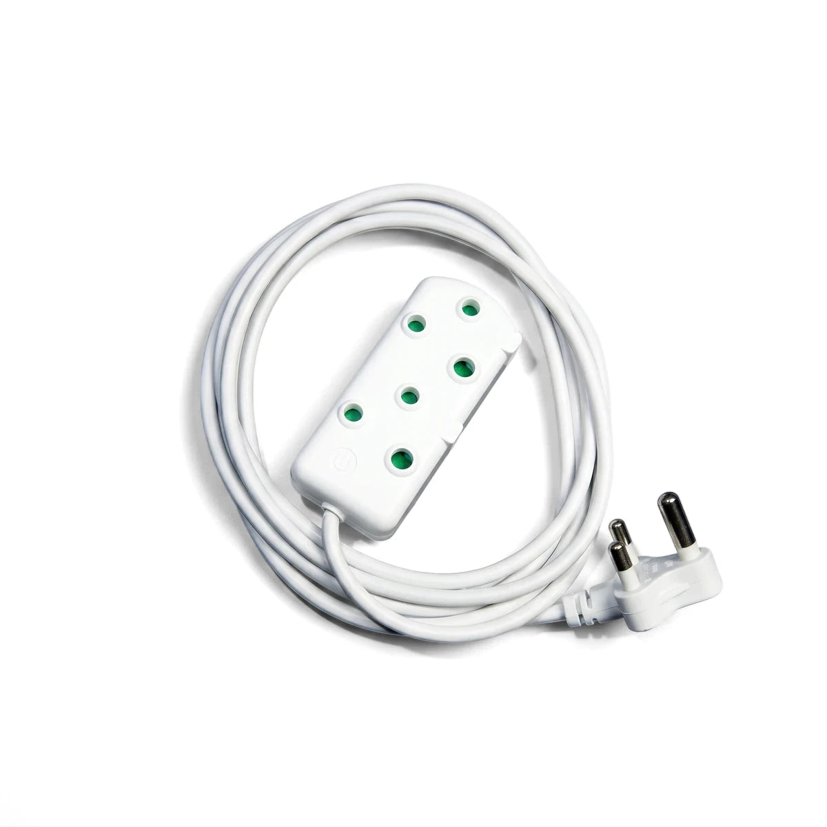 White coiled 1mmx3M extension cord with a 5-socket power strip and a three-pin plug for electrical power.