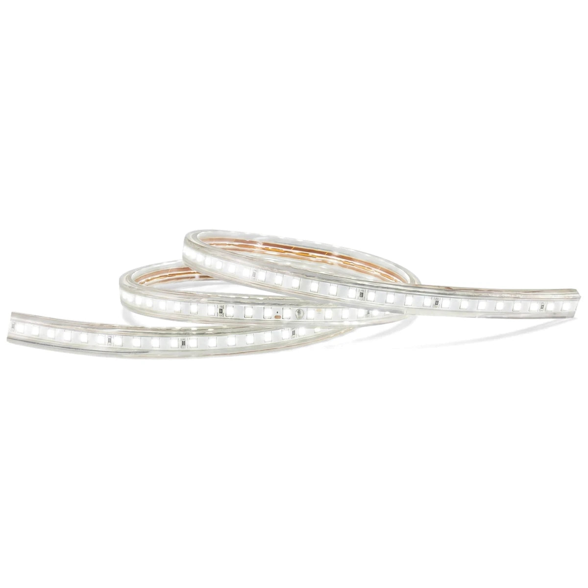 White coiled LED strip light, illuminated, showcasing individual LEDs and its flexible design for versatile lighting.