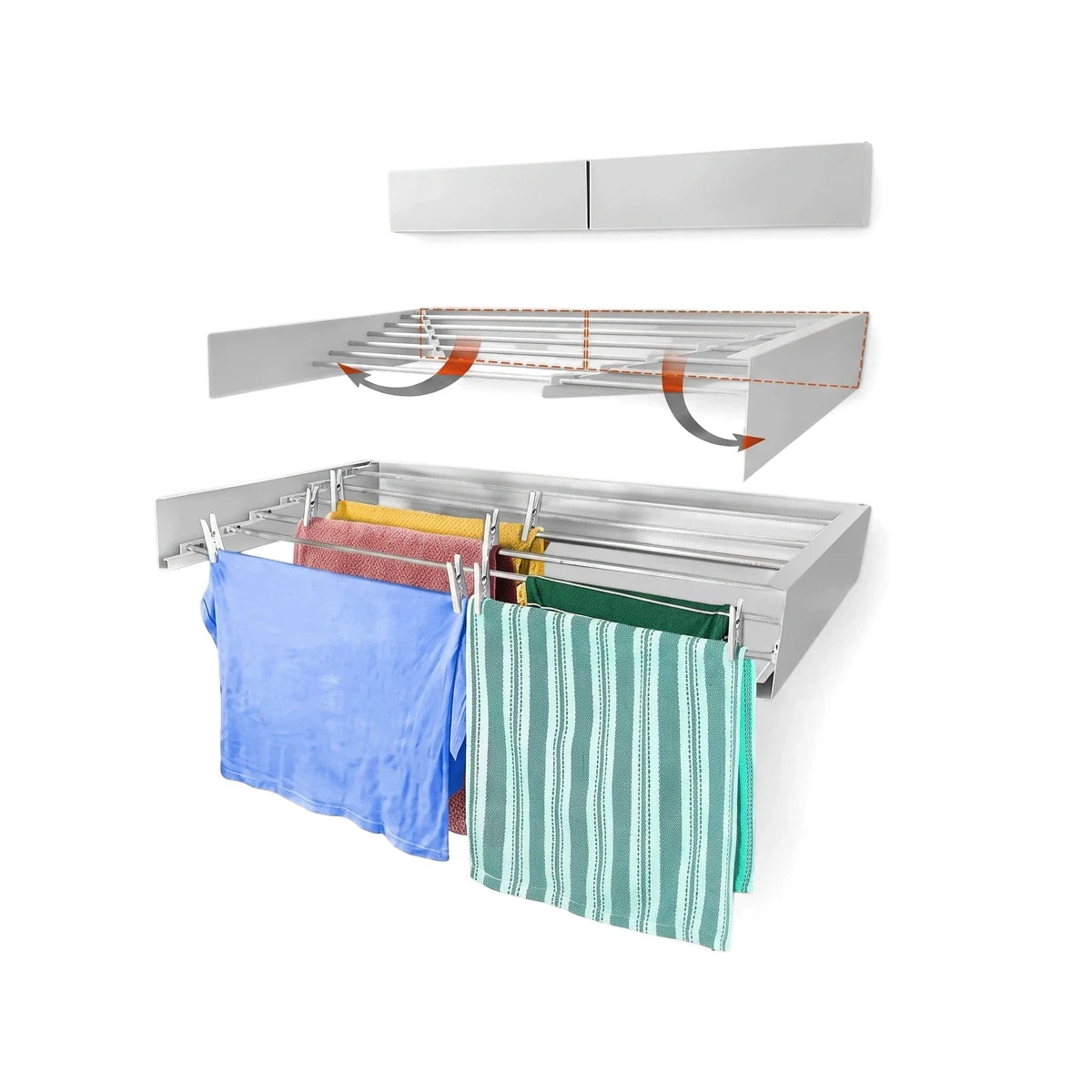 White concealed wall-mounted drying rack shown in three stages: closed, expanding, and fully extended with colorful clothes