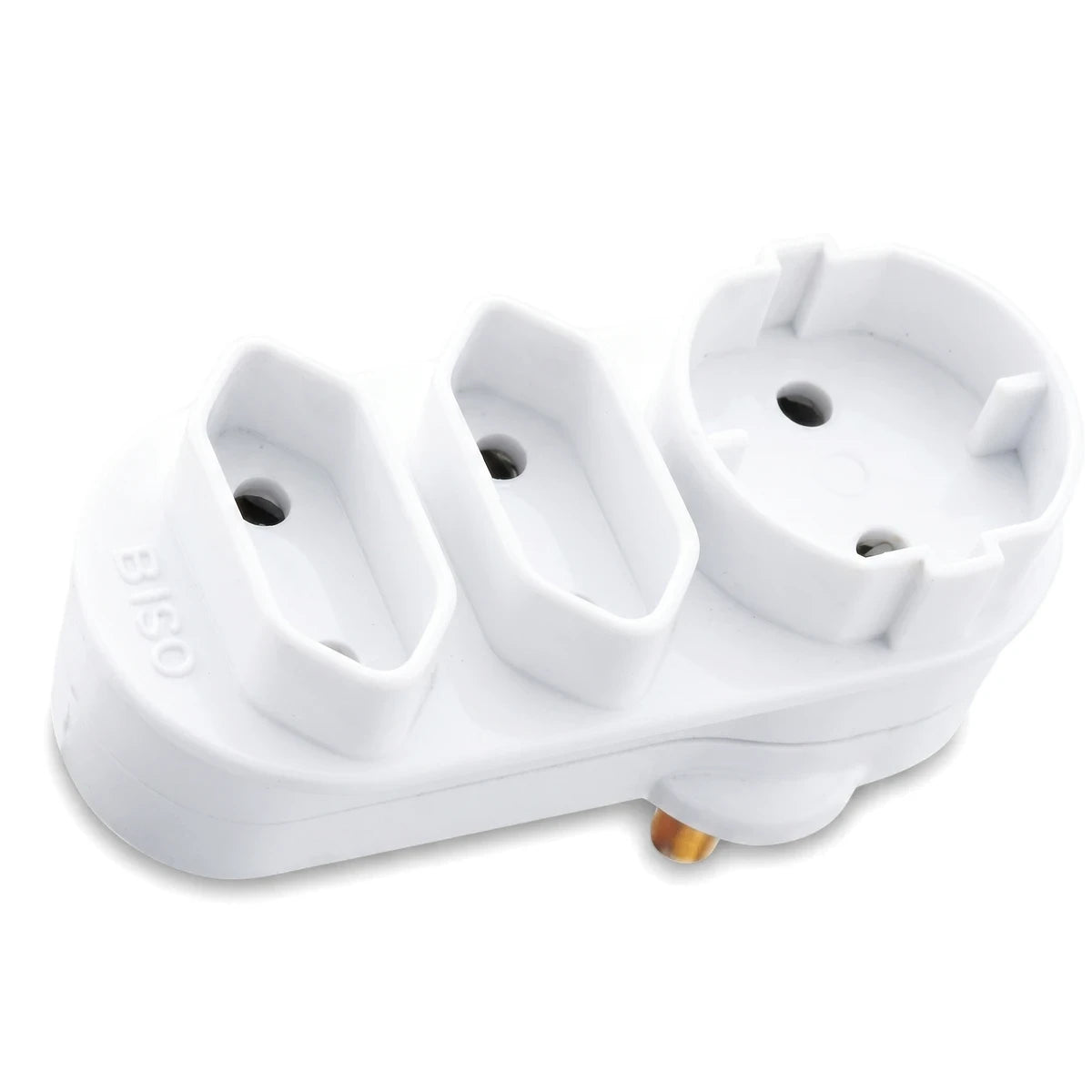 White Dbl Din Euro Adaptor, a multi-outlet power plug adapter featuring three distinct sockets and a two-pin plug, displayed