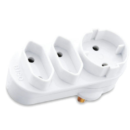 White Dbl Din Euro Adaptor, a multi-outlet power plug adapter featuring three distinct sockets and a two-pin plug, displayed