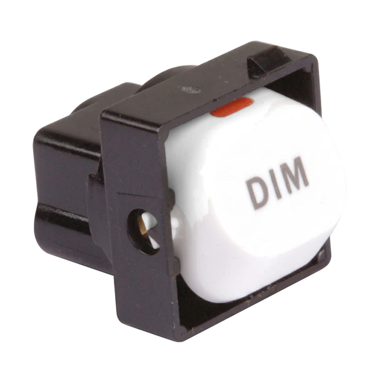 White dimmer on/off rocker switch with 'DIM' label in a black frame, viewed at an angle.