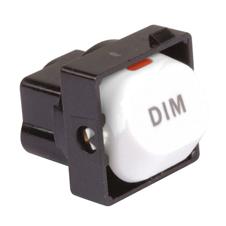 White dimmer on/off rocker switch with 'DIM' label in a black frame, viewed at an angle.