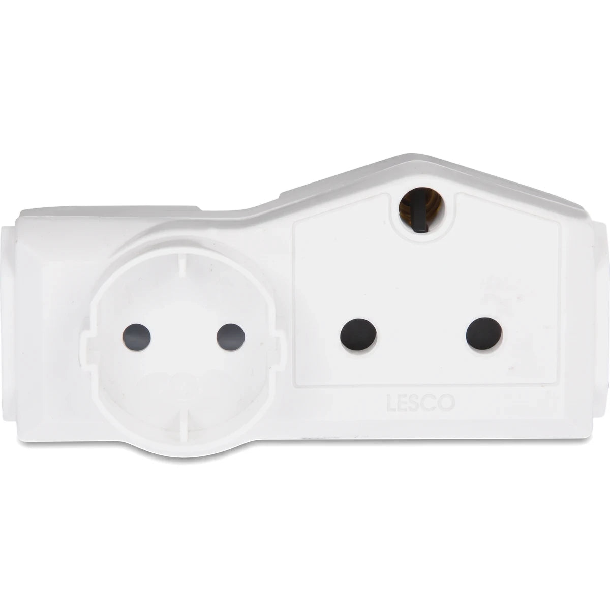 White Din 232 adapter adaptor with multiple sockets for various plug types, featuring the LESCO brand.