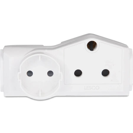 White Din 232 adapter adaptor with multiple sockets for various plug types, featuring the LESCO brand.