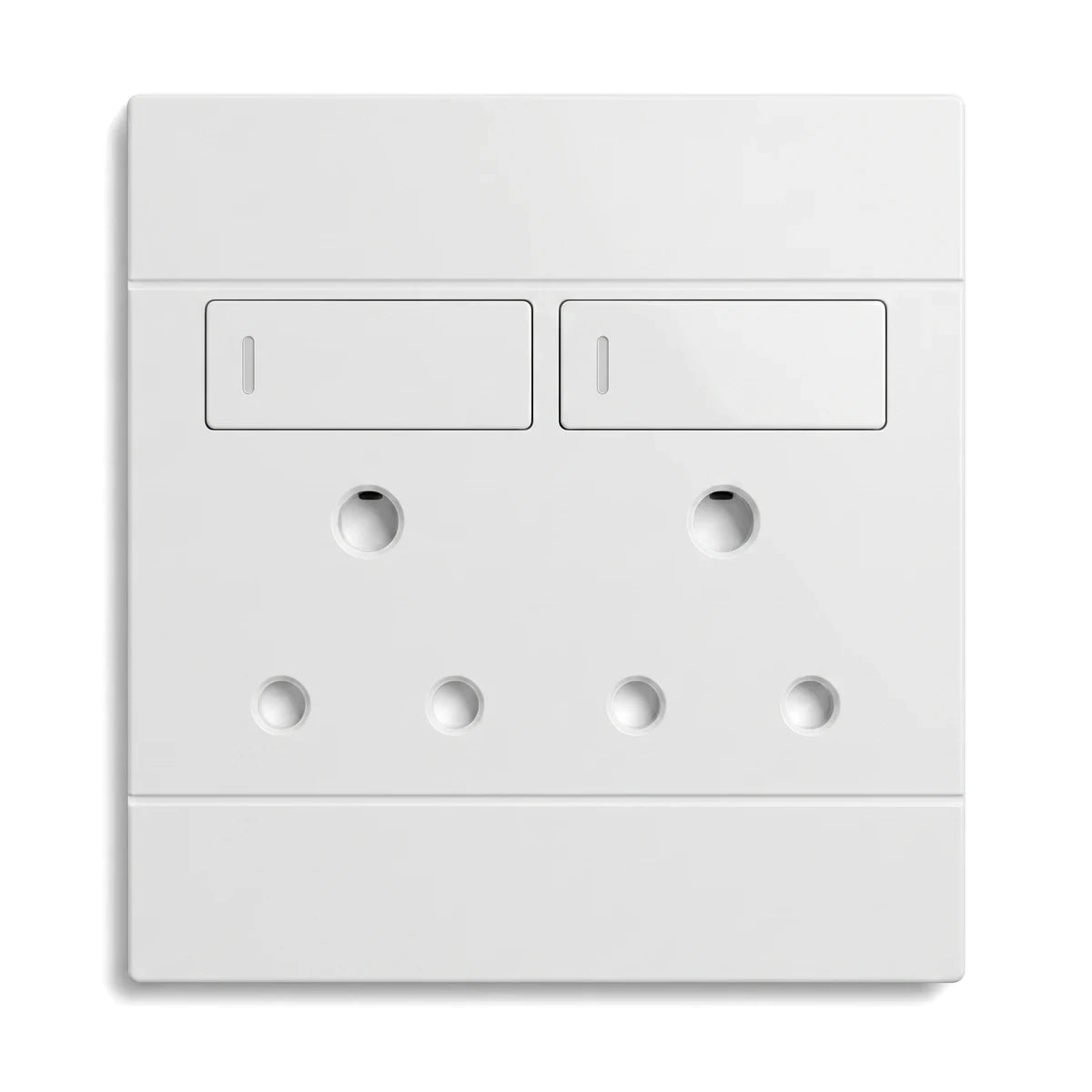 White double 16A switched socket for electrical installations, featuring two power outlets and two switches.